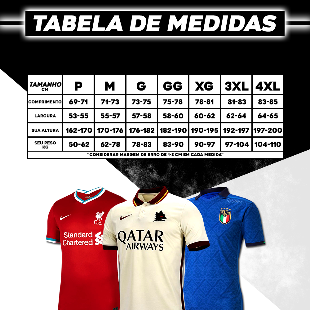 tabela de medidas das camisas modelo torcedor